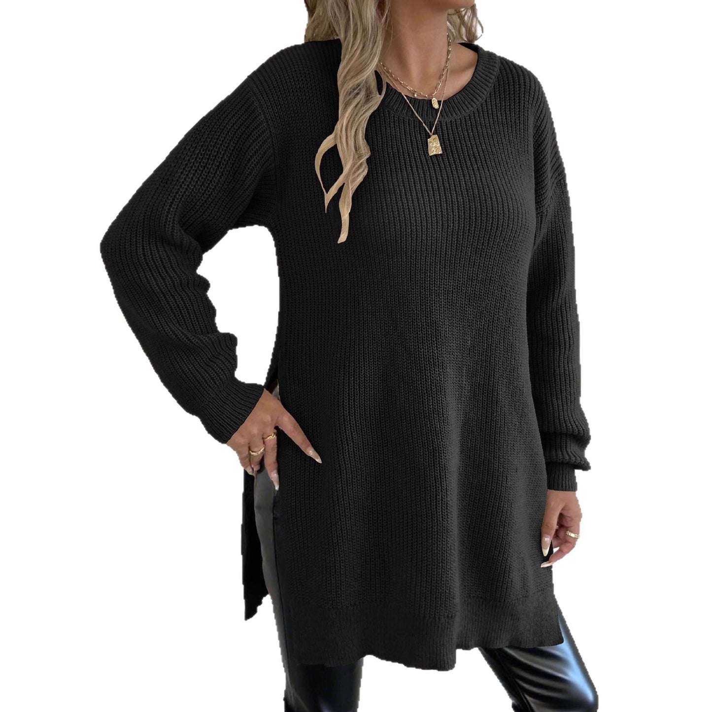 Casual crew-neck sweater with slit design and relaxed style.