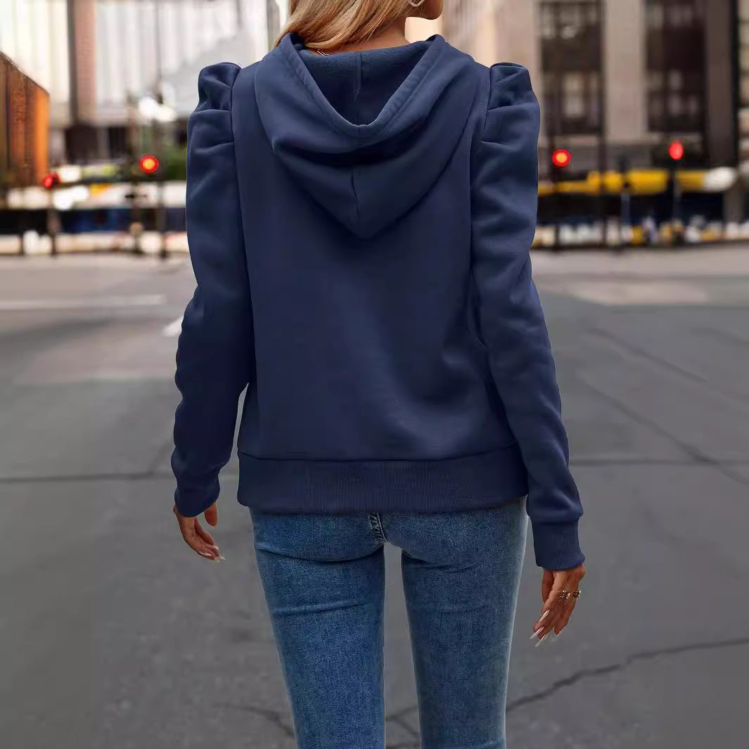 Fashionable Women's Solid-Color Casual Hoodie With Lapel And Hood