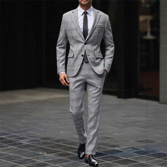 Mens Slim-Fit Plaid Business Suit Two-Piece Set