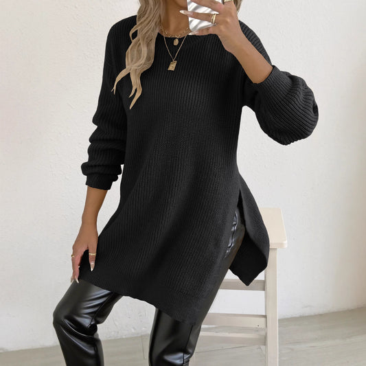 Casual crew-neck sweater with slit design and relaxed style.